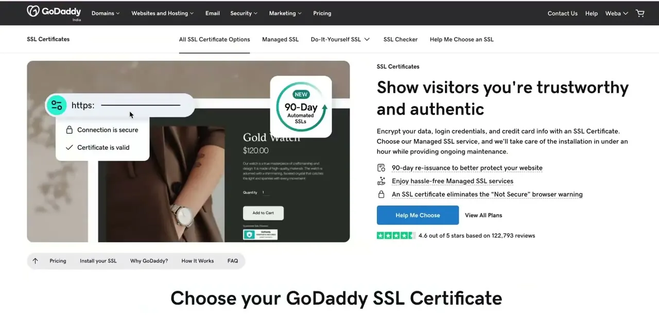 GoDaddy's SSL Certificates page, with tabs for Managed SSL, Do-It-Yourself SSL, an SSL Checker, and a plan-picking tool.