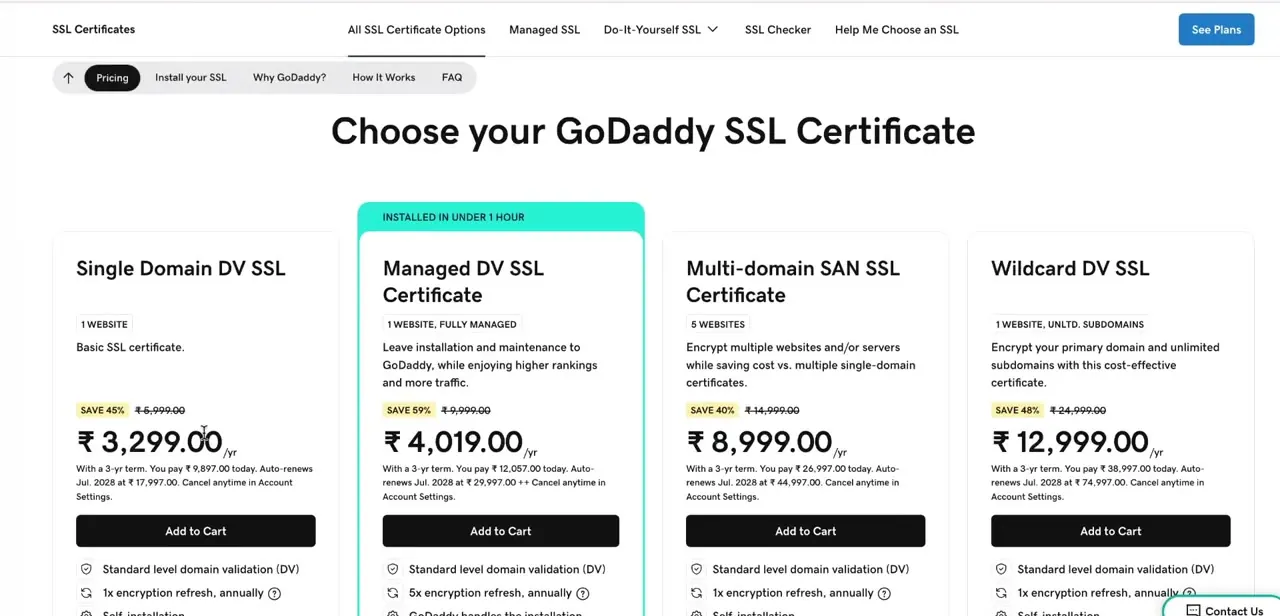 GoDaddy's SSL certificate plans side by side — Single Domain, Managed, Multi-domain SAN, and Wildcard — each with annual pricing.