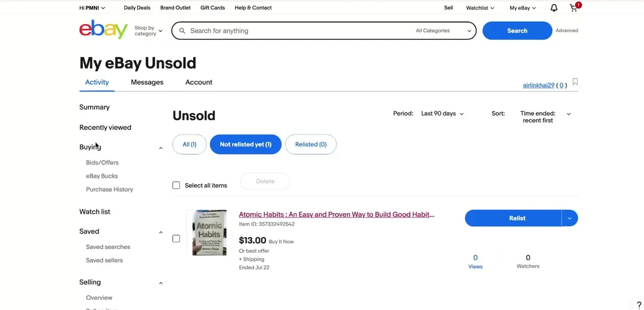 The full Selling sidebar, with Orders sitting between Active and Unsold — this is the real entry point for any refund.