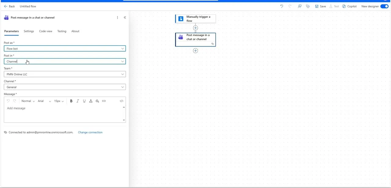 The Post message in a chat or channel action, configured to post as Flow bot into a team's General channel, with a formatting toolbar above the message box.