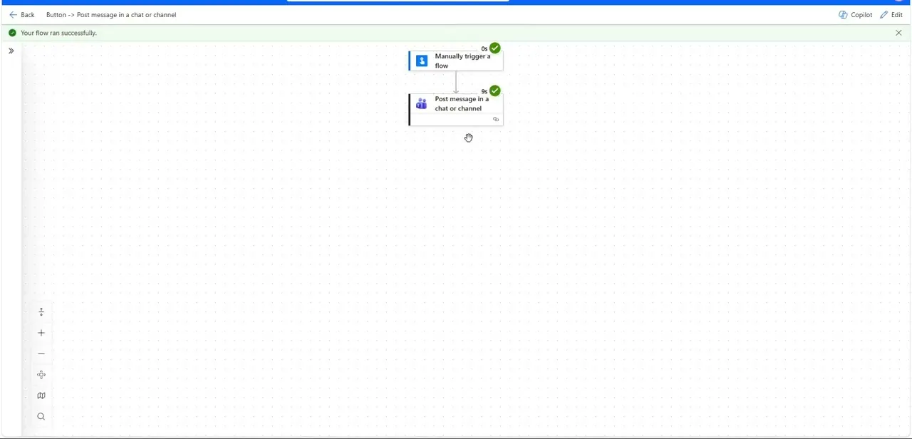 A successful test run: the manual trigger and the Post message in a chat or channel action both completed with green checkmarks in under ten seconds.