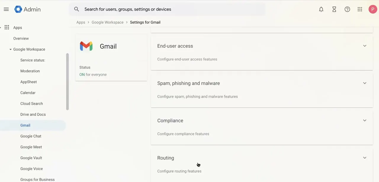 The Settings for Gmail page, with Routing collapsed at the bottom below End-user access, Spam/phishing/malware, and Compliance.