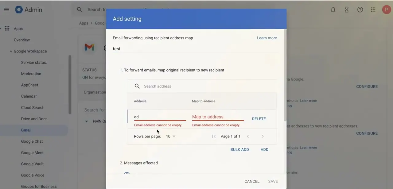 The Add setting dialog for email forwarding using a recipient address map, with Address and Map to address columns to fill in per row.