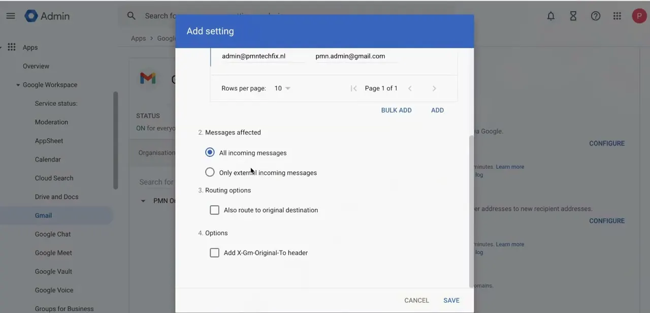 The recipient map with a real forwarding pair configured, plus the Messages affected and Routing options controls beneath it.