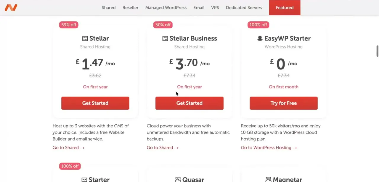 Namecheap's hosting plan comparison, with EasyWP Starter WordPress hosting offered free for the first month.