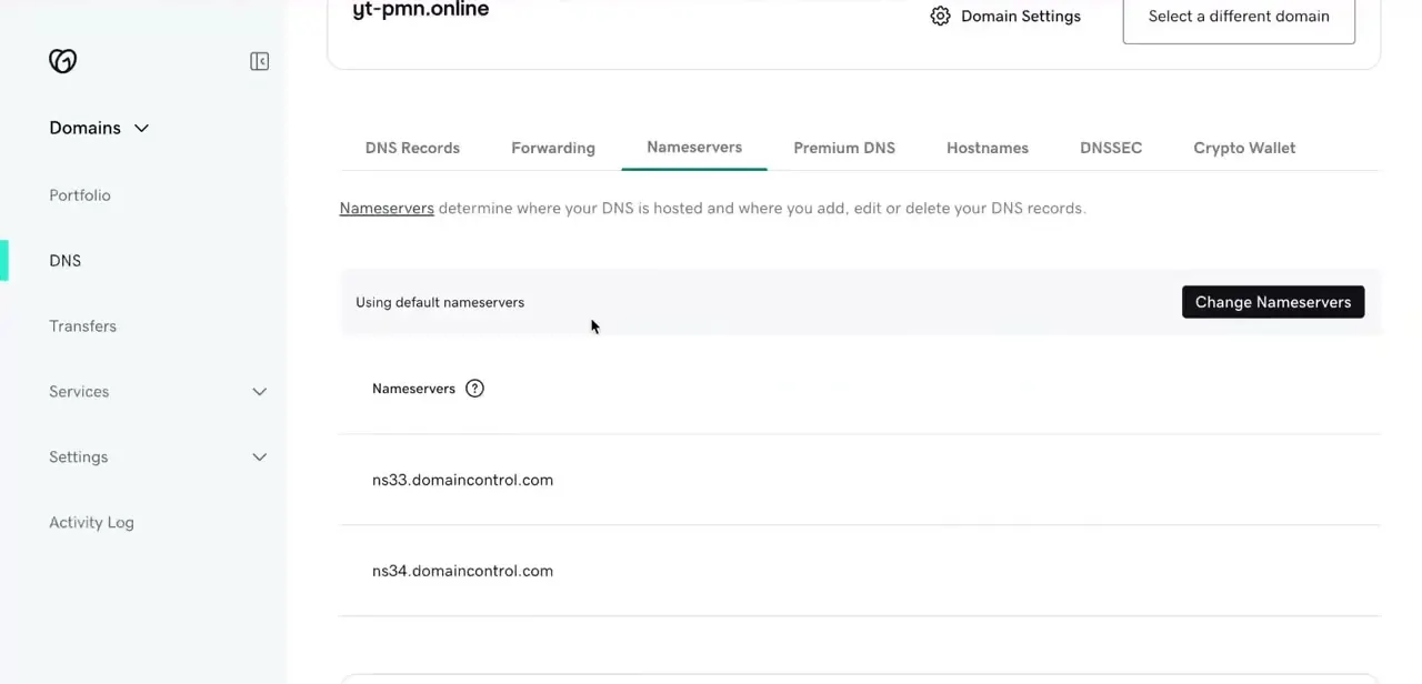 The Nameservers tab in GoDaddy's DNS settings, showing the domain still on GoDaddy's default nameservers.