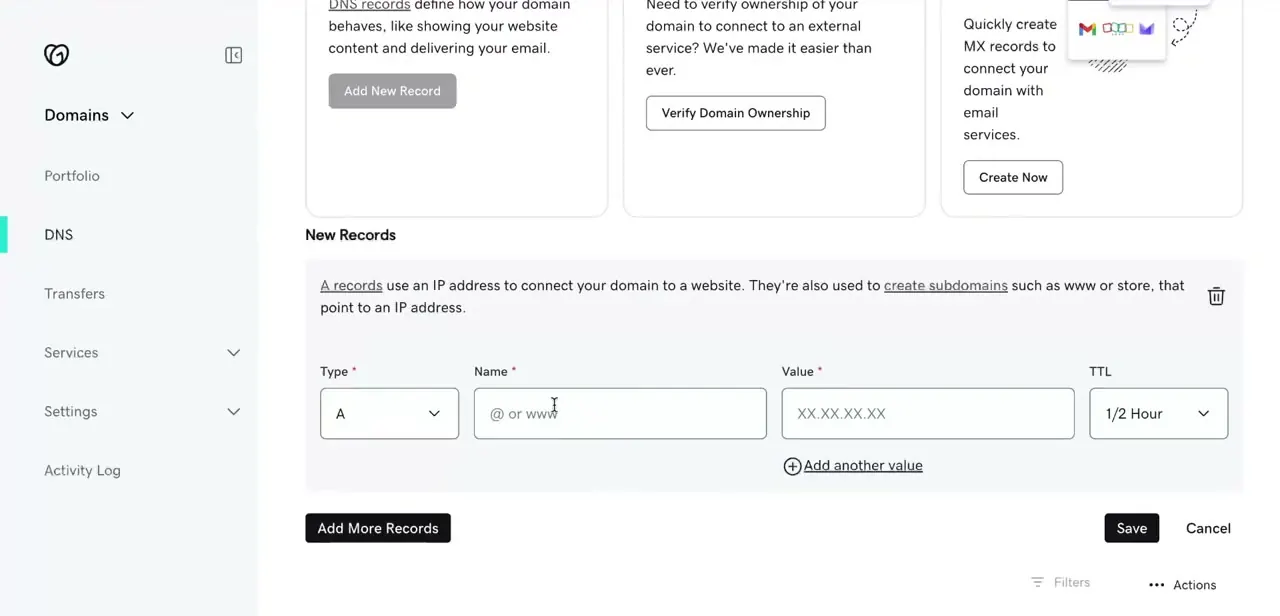 GoDaddy's Add New Record form for an A record, with fields for Type, Name, Value, and TTL.