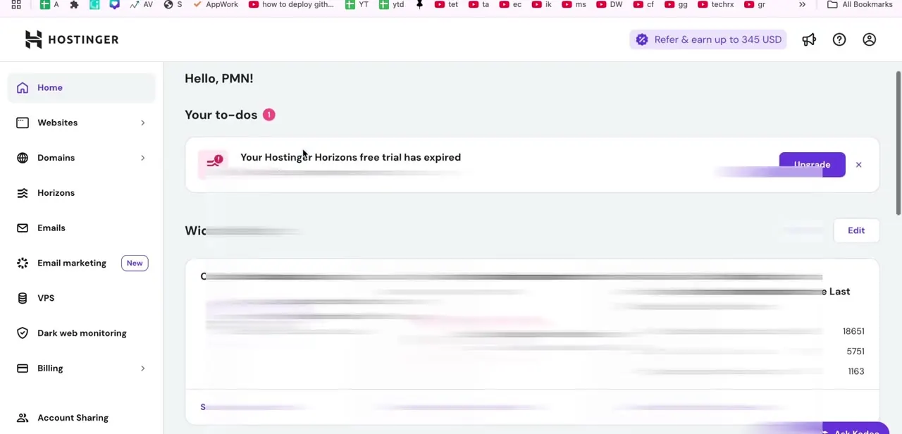 The Hostinger dashboard home, with Domains listed in the left-hand sidebar below Websites — the section that holds the nameserver addresses.