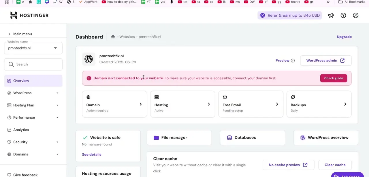 The Hostinger website dashboard showing the "Domain isn't connected to your website" warning, which clears once the nameserver change finishes propagating.