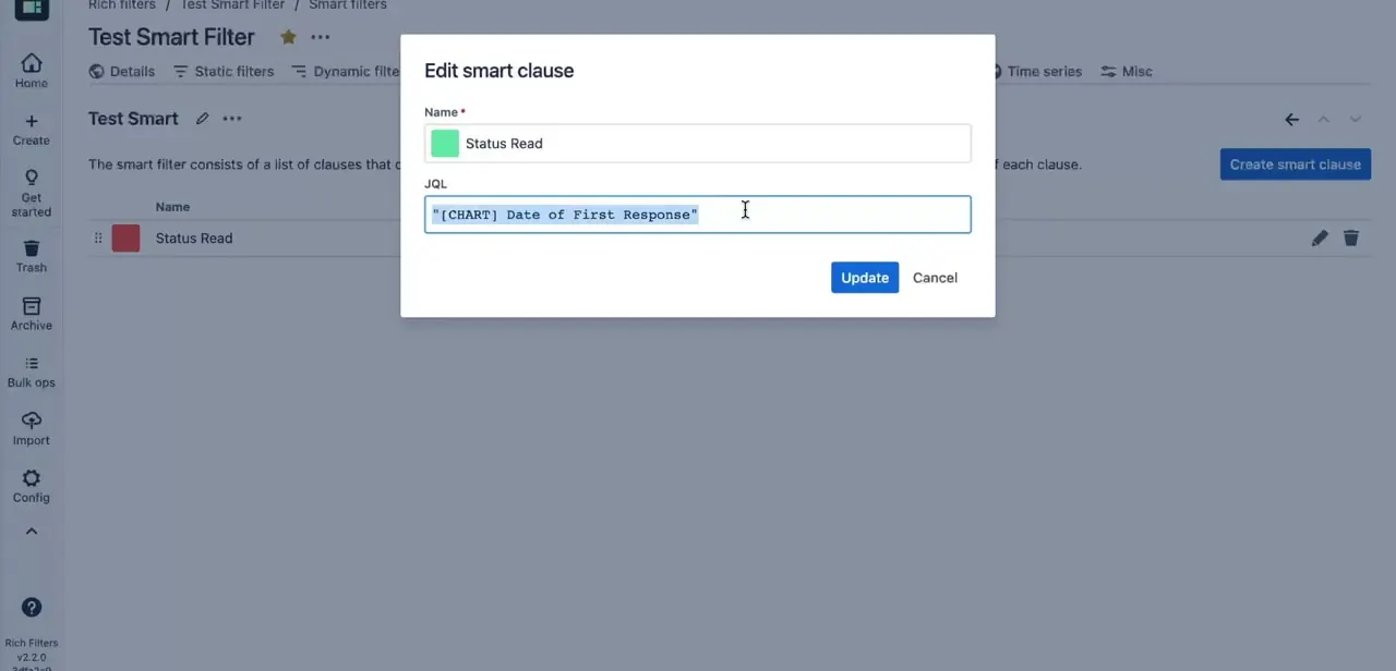 The Edit smart clause dialog, showing an existing clause's JQL being changed to reference a different condition.