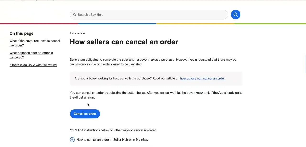 eBay's "How sellers can cancel an order" help page, with the Cancel an order button and a note that a paid buyer is refunded automatically.