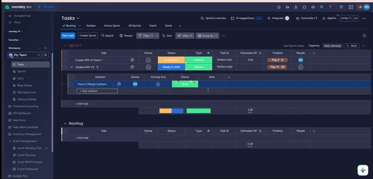 The subitem "How to Master Subitem" with its own Owner, monday Doc, and Status columns — Status is set to Done, distinct from the parent task's own status.