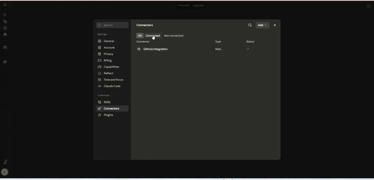 Claude's Connectors panel with GitHub Integration showing as connected — the checkmark confirms the authorization succeeded.