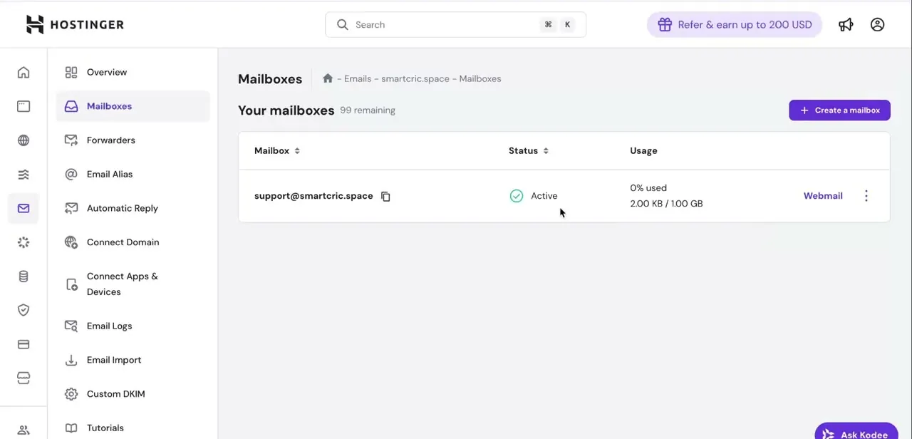 The Mailboxes list for a domain, showing an active address with its usage and a Webmail link — click into it to reach the configuration details.