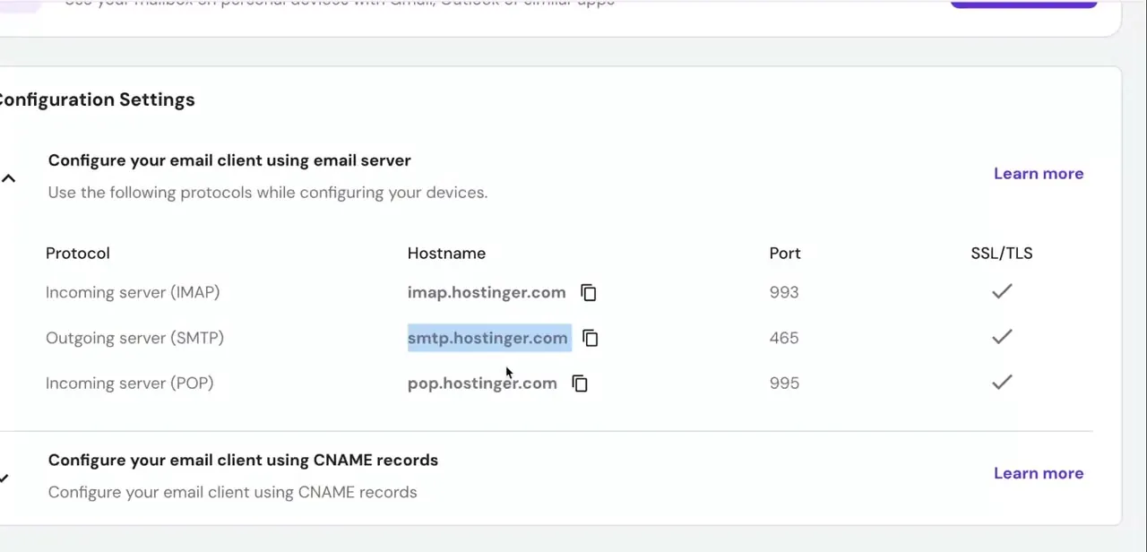 The Configuration Settings table, listing IMAP on port 993, SMTP on port 465, and POP on port 995, all with SSL/TLS checked.