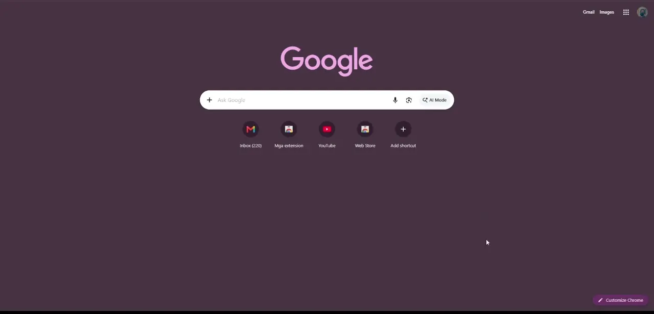 Chrome's new tab page after the fix, showing Google as the working default rather than redirecting through Yahoo.