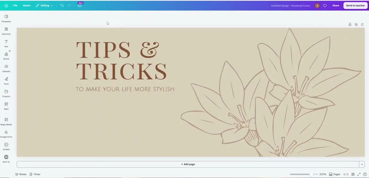 A Facebook Cover template opened on the canvas, showing its title, subtitle, and a floral graphic used as the visual anchor.