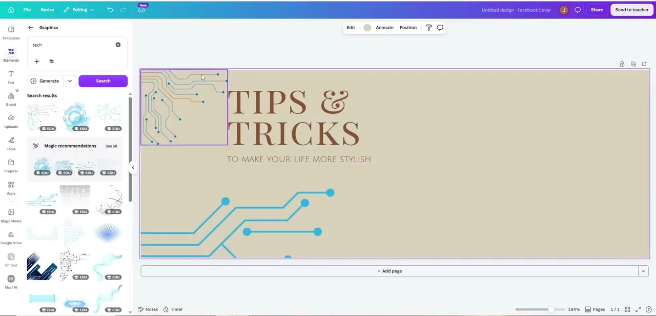 The Elements search panel open after searching "tech," with a new circuit-style graphic about to replace the template's original illustration.