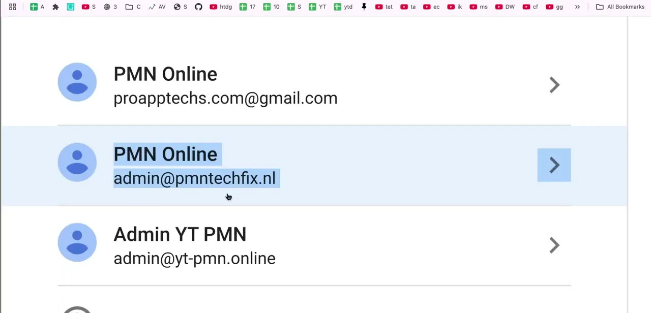 The account chooser, listing multiple signed-in Google accounts under similar names — worth checking carefully before making admin changes.