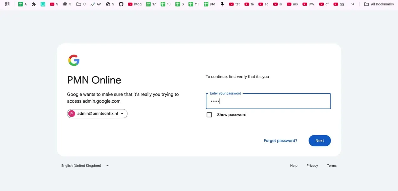 Google's identity verification screen, shown before granting access to the Admin Console.