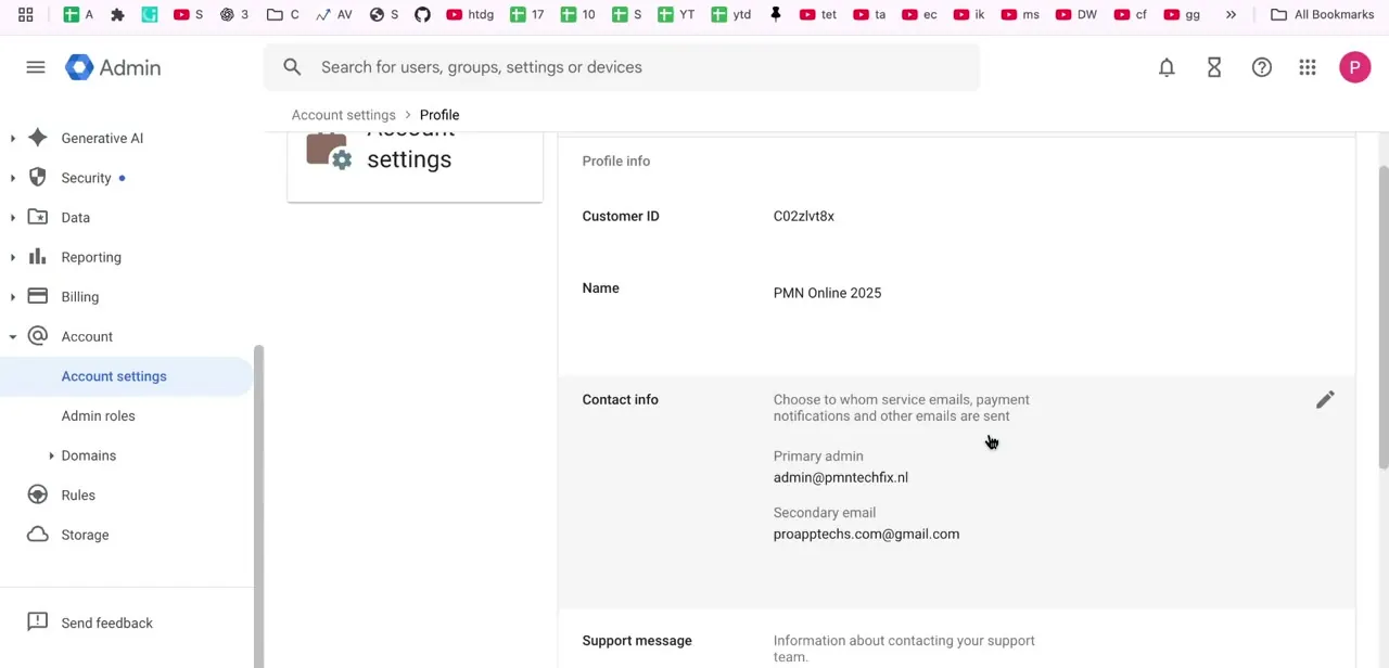 The Account settings Profile page, showing Customer ID, organization Name, and the Contact info card with Primary admin and Secondary email fields.