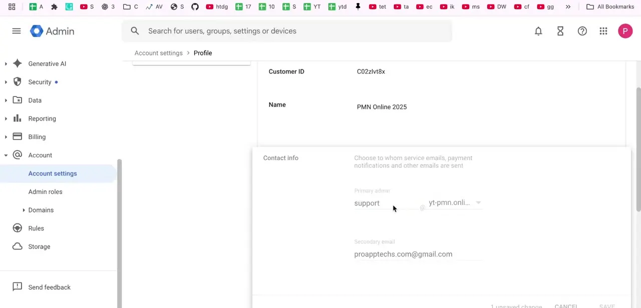 Contact info in edit mode — a separate username field and a domain dropdown for the primary admin address, plus the secondary email field below.