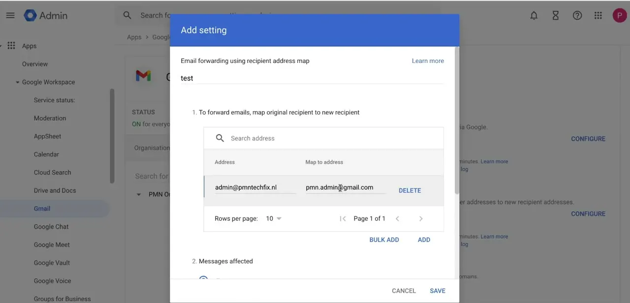 The email forwarding setting with a real mapping filled in — a domain address on the left routed to a personal Gmail address on the right.