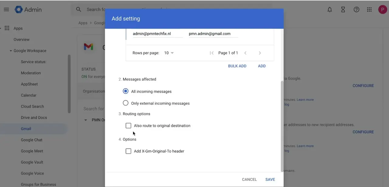 The forwarding dialog's routing options, showing the choice between all or external-only messages and the option to also route to the original destination.