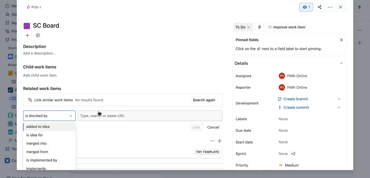 The link-type dropdown open, listing relationship options including is blocked by, blocks, merged into, and implements.