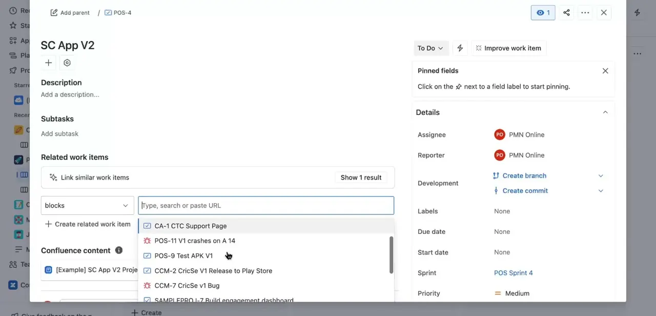 Searching for a related issue to link as "blocks," with matching tickets from multiple projects appearing in the dropdown.