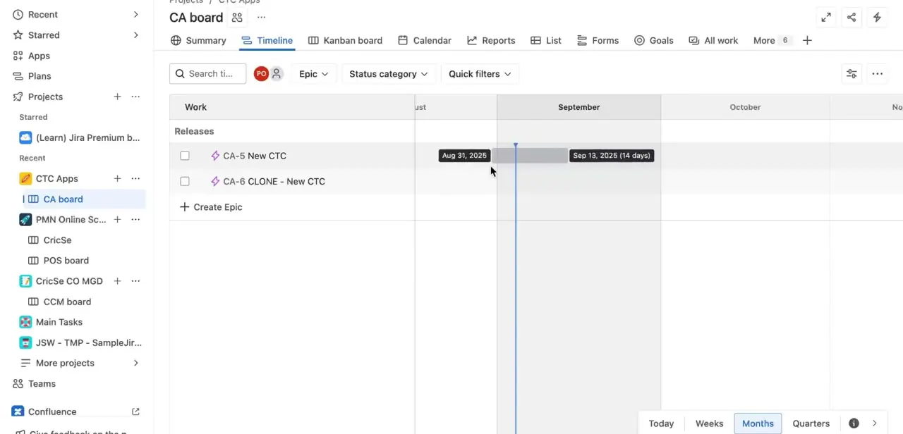 A project's Timeline view, showing epics and releases laid out against real dates — useful for spotting how dependencies affect the schedule.