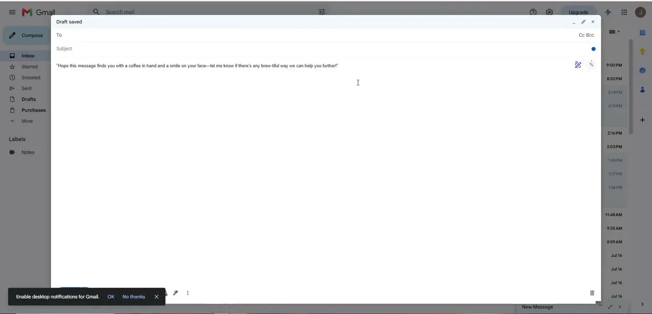 A Gmail compose window with an AI-drafted opening line already in the body — generated in place, without switching to a separate ChatGPT tab.