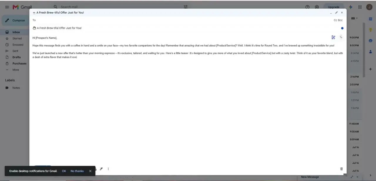 A fully drafted follow-up email in Gmail, generated by the extension — note the placeholder text still in the body, which needs to be filled in before sending.