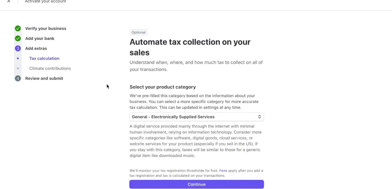 The Add extras step's tax calculation screen, with a pre-filled product category you can narrow to match what you actually sell.