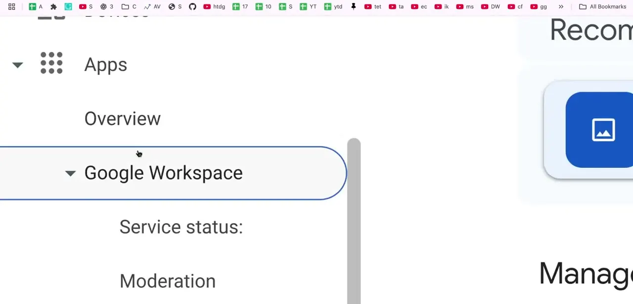 The Apps menu expanded to show Google Workspace, with Service status and Moderation as the first sub-items underneath it.