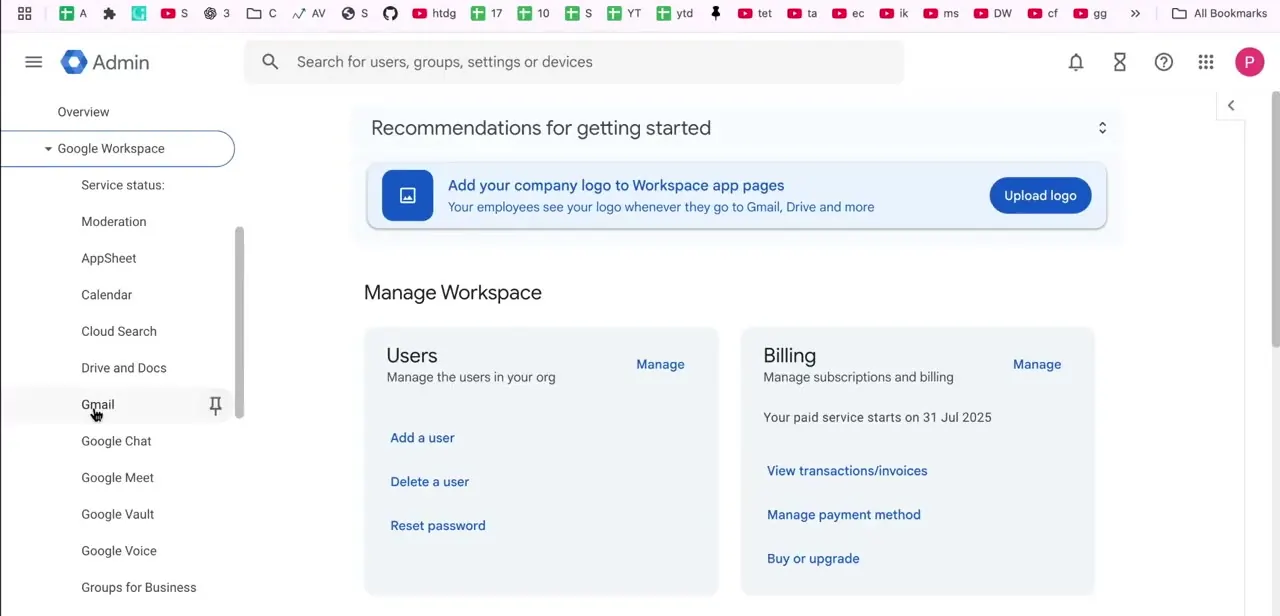 The Google Workspace app list scrolled to show Gmail, Google Chat, Google Meet, Google Vault, and Google Voice.
