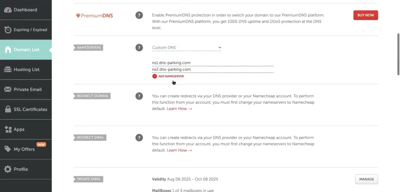 Nameservers set to Custom DNS pointing at dns-parking.com. Both Redirect Domain and Redirect Email are disabled until this is switched to Namecheap's default nameservers.