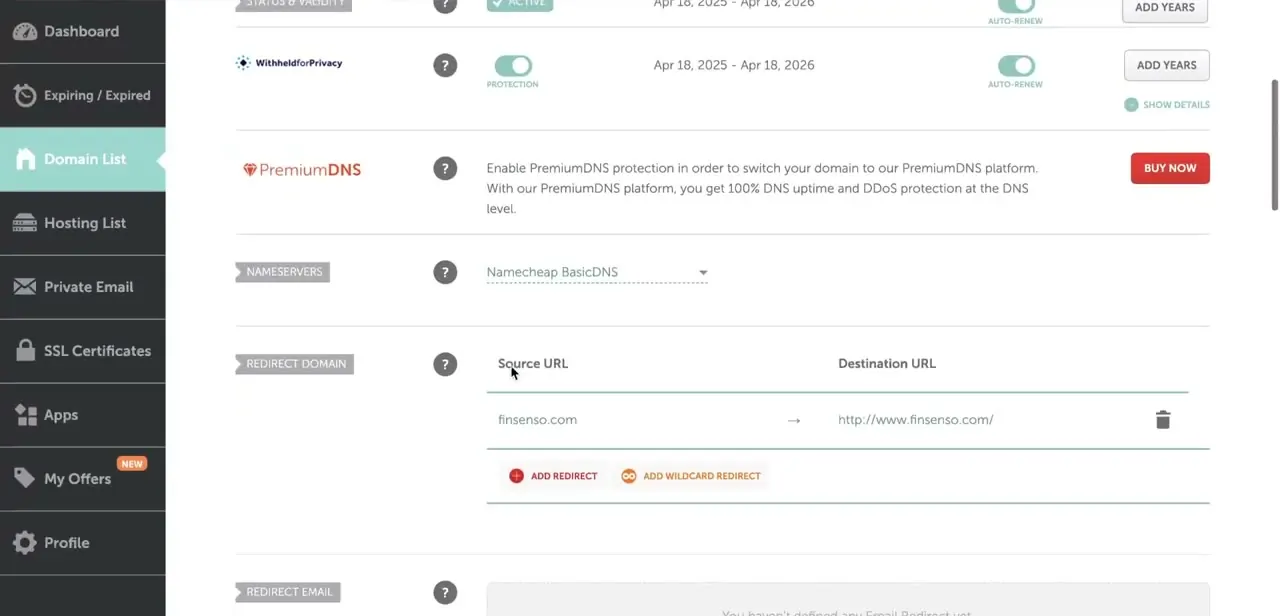 A working redirect once nameservers are set to Namecheap BasicDNS — Source URL on the left, Destination URL on the right, editable inline.