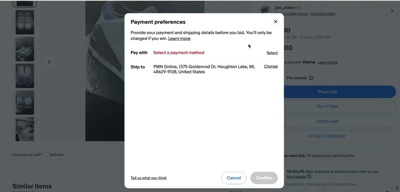 The Payment preferences dialog eBay shows before your first bid — worth completing in advance so it isn't the thing eating your final seconds.