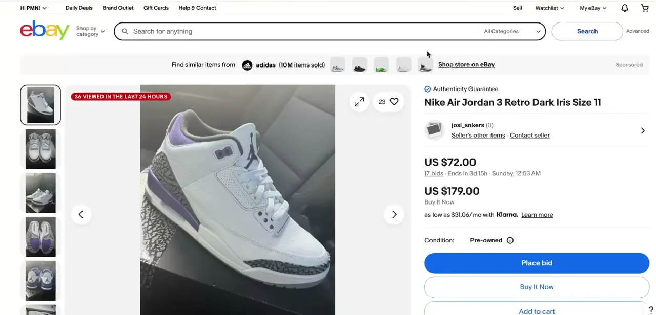 A listing page showing 17 bids, 23 watchers, and the exact countdown to the auction's close — the numbers that tell you how contested a listing already is.