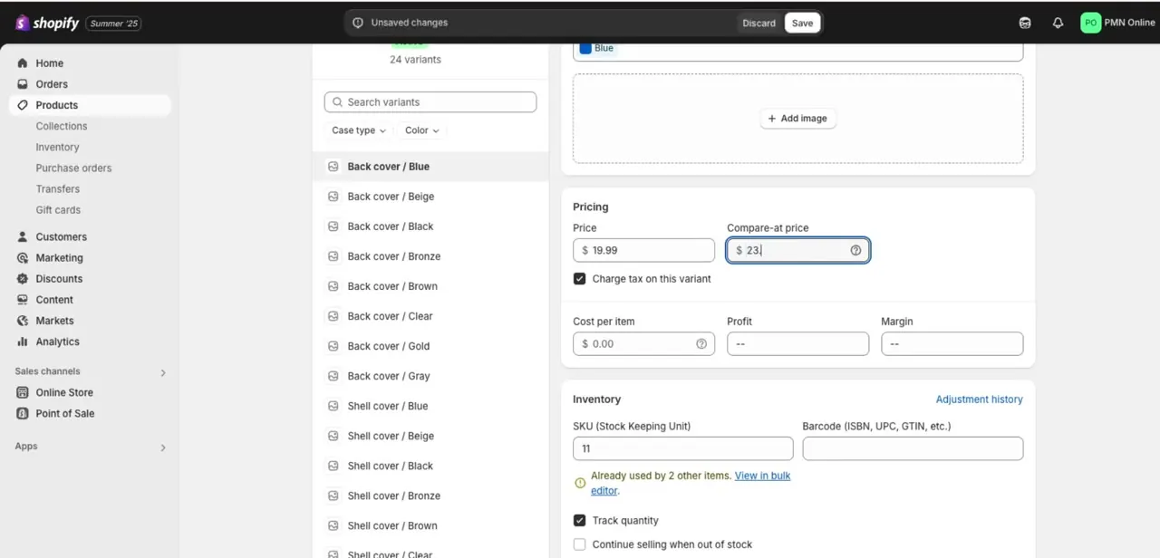 The Pricing fields on a product variant, with Price at $19.99 and a Compare-at price being entered above it.