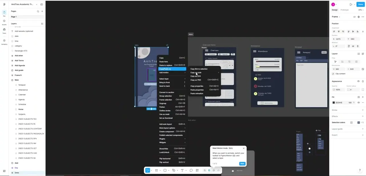 Figma's right-click context menu with Copy as code, Copy as SVG, and Copy as PNG listed under Copy/Paste as — the actual export path for getting a design into web-ready assets.