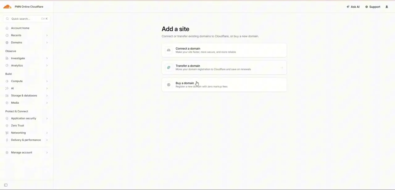 The Add a site screen. Connecting an existing domain — rather than transferring or buying one — is the right choice for a site already live on WordPress hosting.