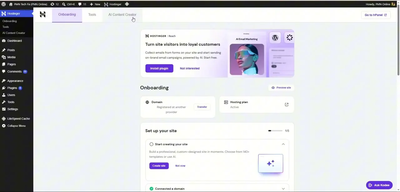 A WordPress admin dashboard, here wrapped in Hostinger's own onboarding panel. The Plugins menu on the left is where the Cloudflare plugin gets installed.