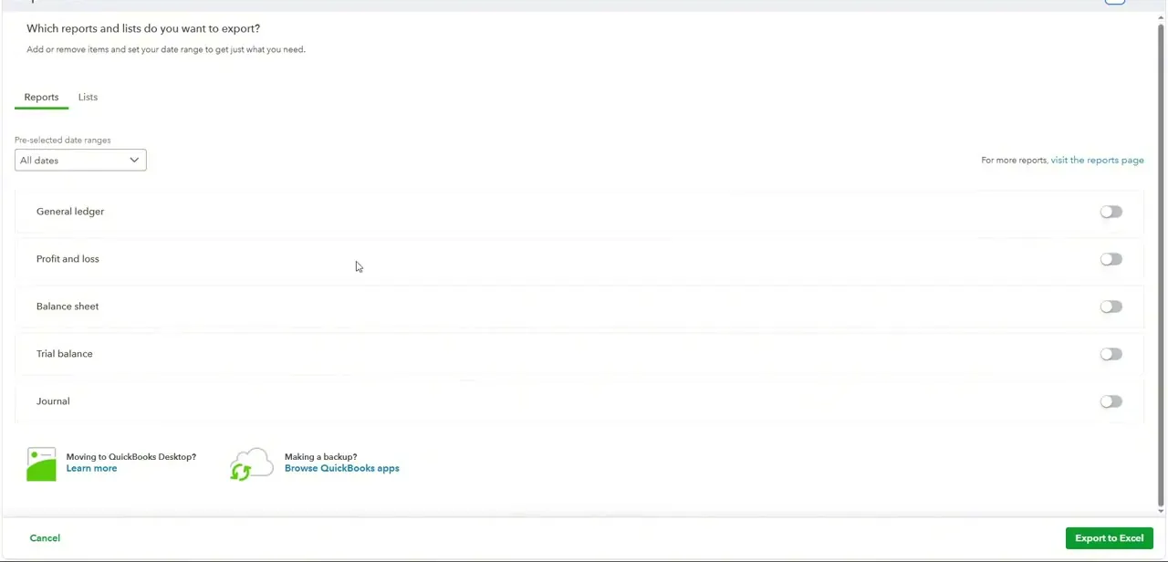 The Export Data screen, listing General ledger, Profit and loss, Balance sheet, Trial balance, and Journal as toggleable reports, all off by default.