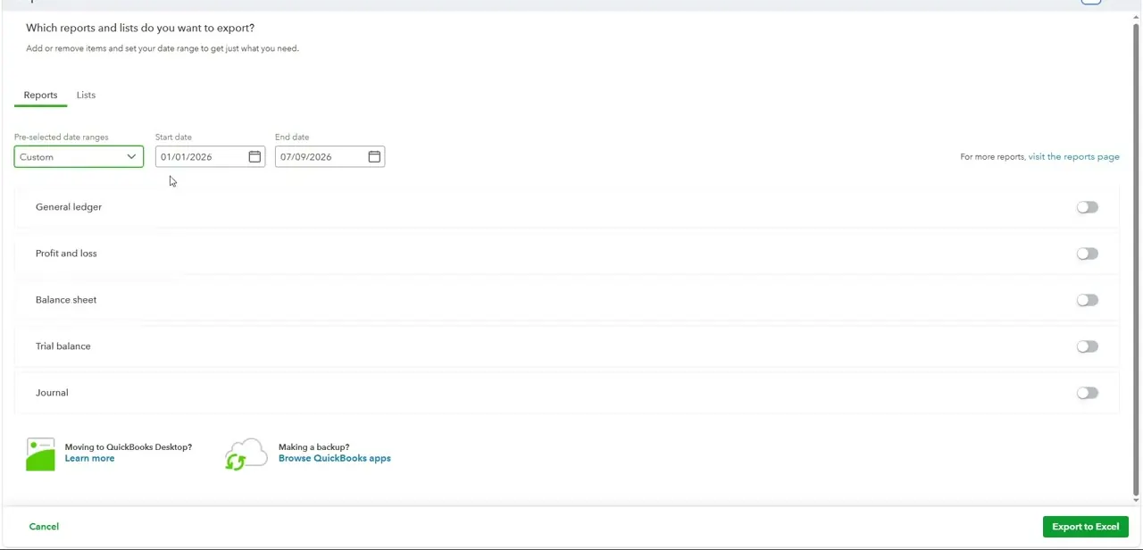 The date range switched to Custom, with Start date and End date fields for narrowing the export to a specific period.