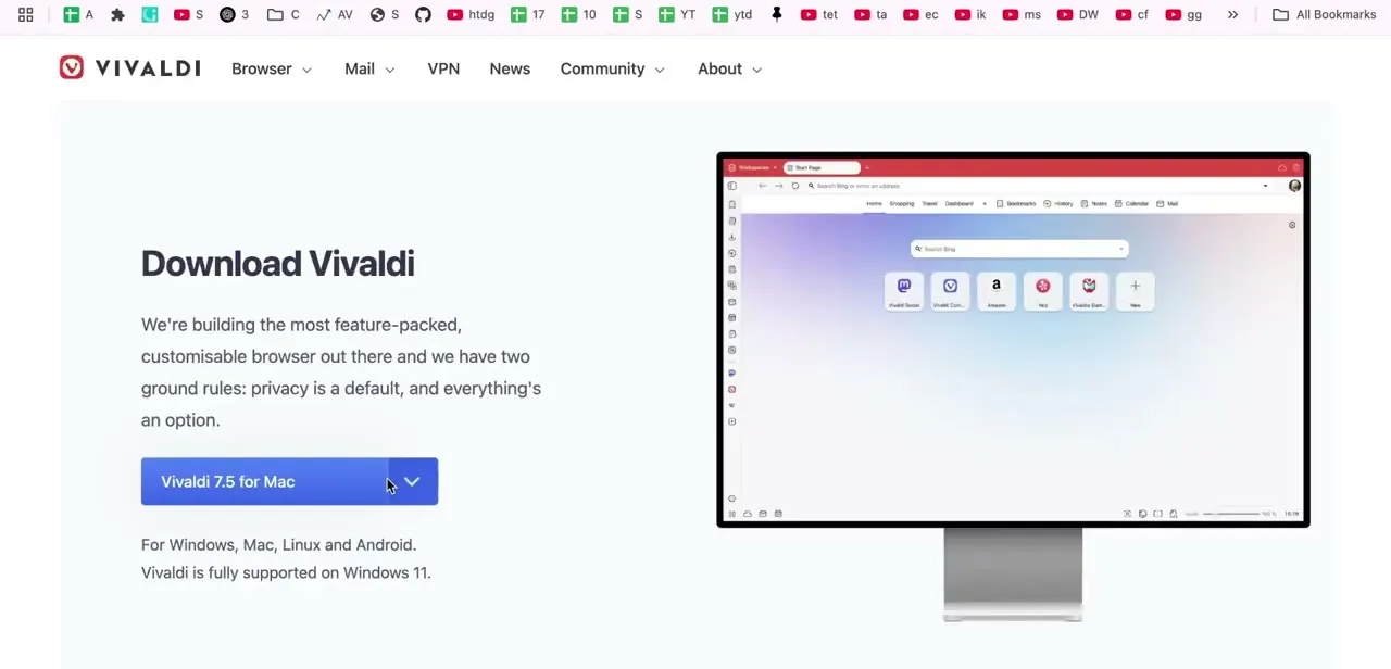 Vivaldi's download page, offering a single build for the detected operating system.