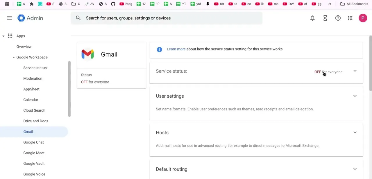 Gmail's settings page in the Admin Console, showing Status: OFF for everyone at the top, with Service status, User settings, Hosts, and Default routing sections below.