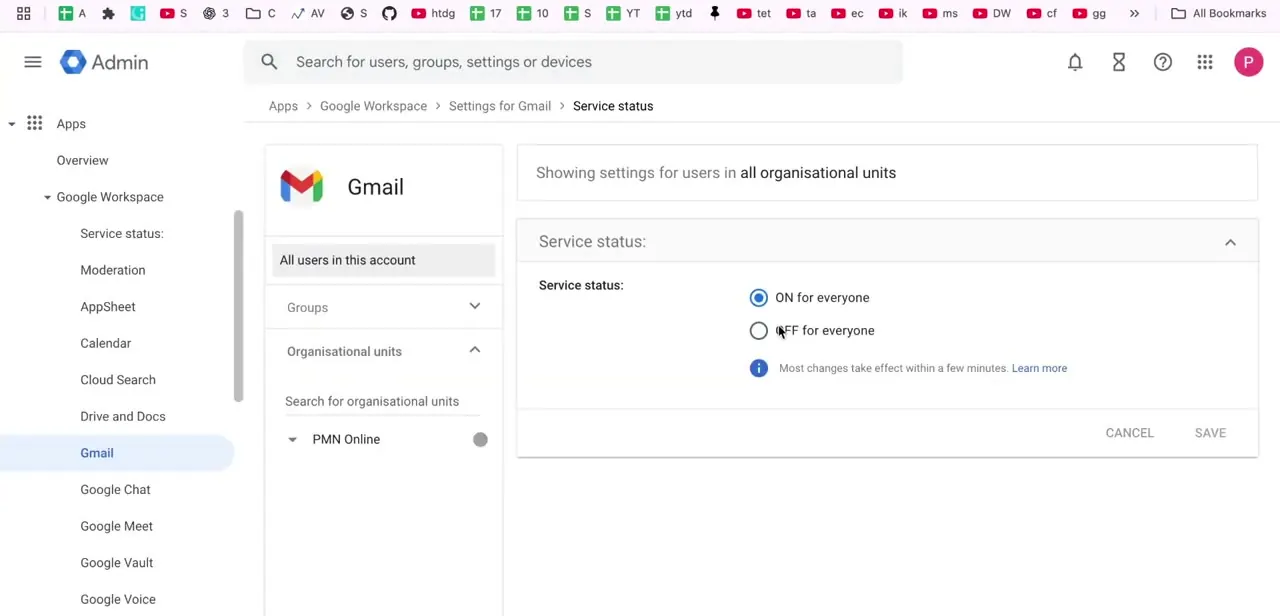 Gmail's Service status screen, with On for everyone and Off for everyone as radio options, scoped to whichever organizational unit is selected on the left.