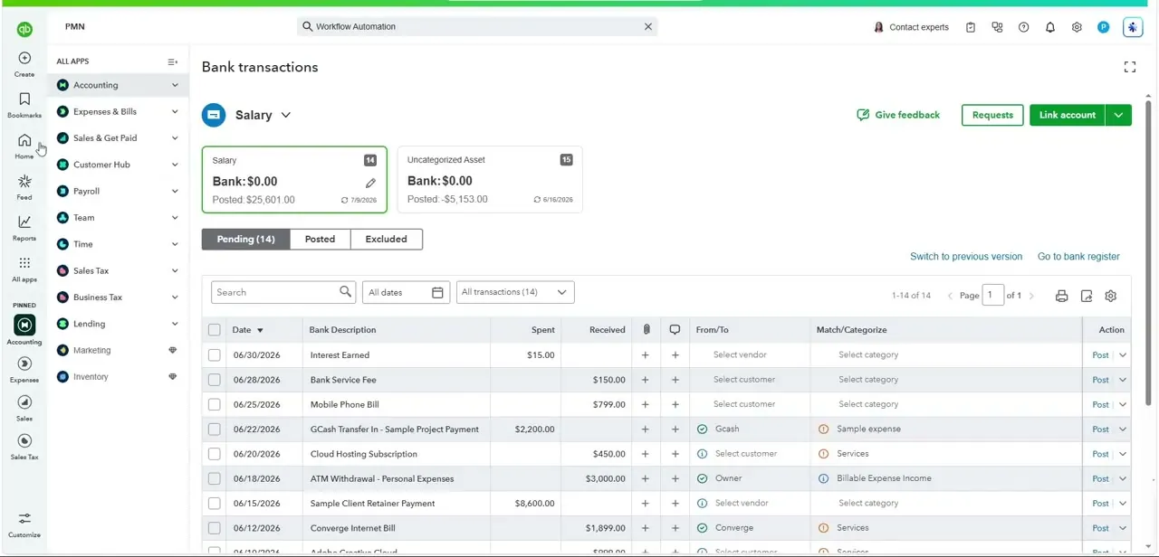 The Bank transactions screen, with the Link account button in the top right that opens QuickBooks' integrations search.